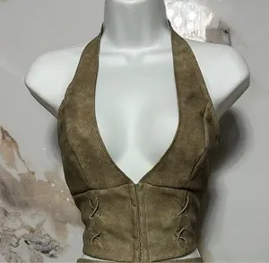 NWT Boutique Faux Leather Brown Halter Clasp Top, size Large thumbnail 1