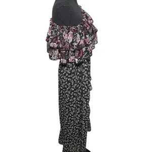 MISA Los Angeles One‎ Shoulder Floral Maxi Dress Black Pink Ruffle Medium USA thumbnail 3