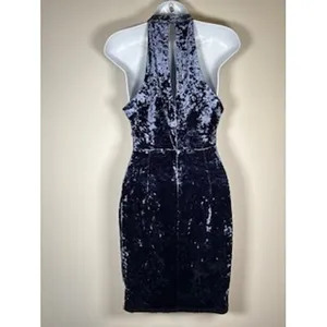 LUSH Crushed Velvet Mini Dress Small Blue Cutout Halter Mock Neck Bodycon Glam‎ thumbnail 4
