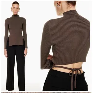 Babaton Aritzia Sweater Sz Xs Sculpt Knit Tie Open Back Ribbed Brown Mockneck​ thumbnail 4
