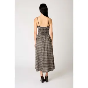 NIA Black Tan Gingham Smocked Midi Thomas Dress Lace Trim Pockets Womens Medium thumbnail 15