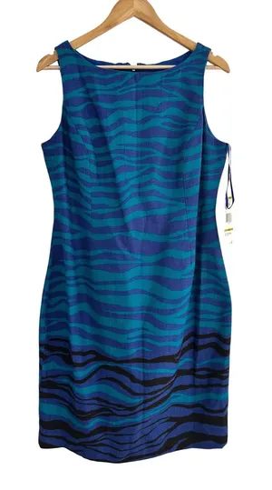 Jones New York Dress Cerulean Blue Zebra Print Sheath Sleeveless Size 14 NWT thumbnail 1