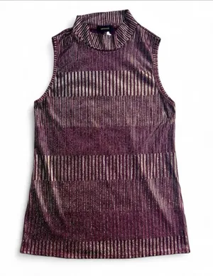 Espresso burgundy - violet mesh sleeveless mock neck top with shimmery gold stripes thumbnail 1