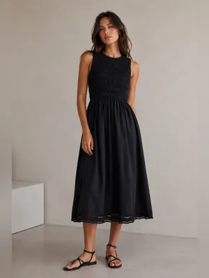 Madewell The Embroidered Melody Smocked Midi Dress Black thumbnail 2