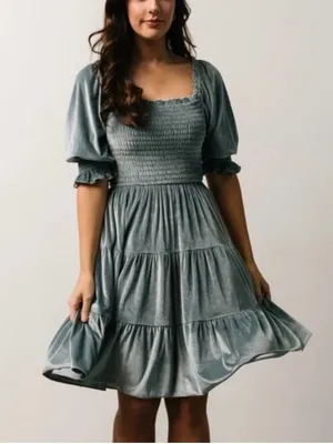 Baltic Born Slate Blue Velvet Smocked Tiered Puff Sleeve Midi Dress Size M thumbnail 1