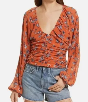 Free People Orange and Blue Floral Cinched V-Neck Longsleeve Blouse Size M thumbnail 1