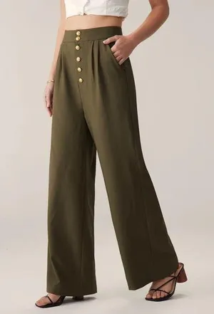 Rihoas Green High-Waisted Straight Wide-Leg Pants thumbnail 1