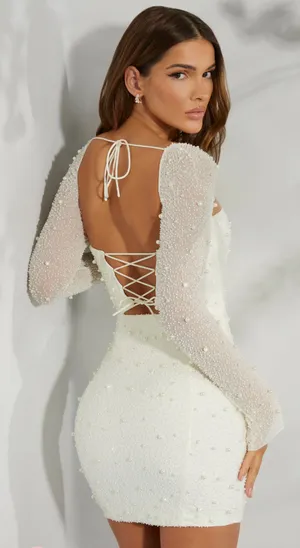 Oh Polly Long Sleeve Embellished Corset Mini Dress in Ivory thumbnail 4