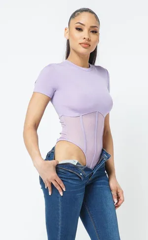 “Corset” Style Rib Mesh Bodysuit Purple Size XL thumbnail 1