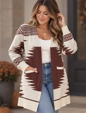 Willow & Wind Womens Brown Cream Southwestern Geometric Open Front Cardigan M thumbnail 1