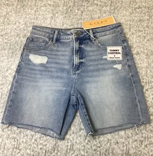 Risen Jeans Tummy Control Distressed High Rise Midi Denim Shorts Light Wash M thumbnail 1