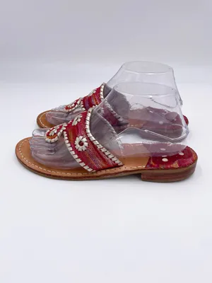 Jack Rogers Navajo Flat Metallic Red Silver Whipstitch Leather Thong Sandals 7 N thumbnail 6