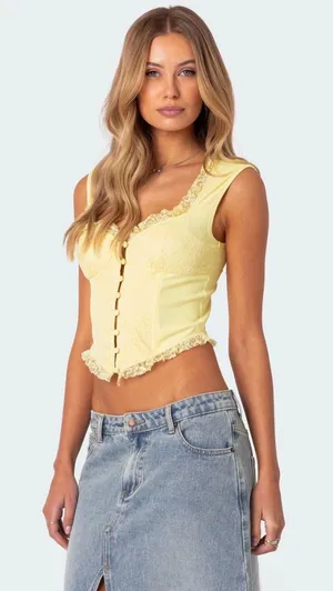 Edikted Button Front Lacey Corset Yellow Size Small NEW thumbnail 1
