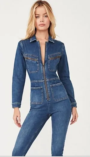 Free People Lennox Blue Denim Coverall Jumpsuit Zip Front Utility Fitted M thumbnail 1
