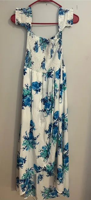 Altar'd State White Maxi Dress with Blue Floral Print thumbnail 1