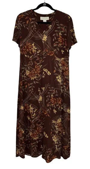 Vintage 90s Norton McNaughton Fall Floral Maxi Dress in Chocolate Brown - Size M thumbnail 1