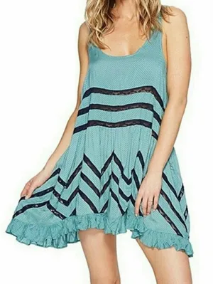 Free People Trapeze Tank Dress Size XS Teal & Navy Beachy Boho Retro Summer thumbnail 1