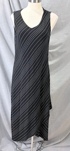 Chalet‎ Black White Pinstripe Bias Cut Sleeveless Asymmetrical Maxi Dress M USA thumbnail 1