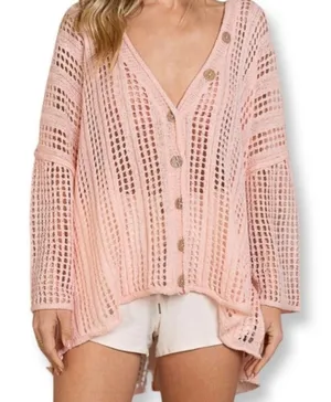 POL open knit oversized cardigan sweater top sz M L light salmon pink thumbnail 1