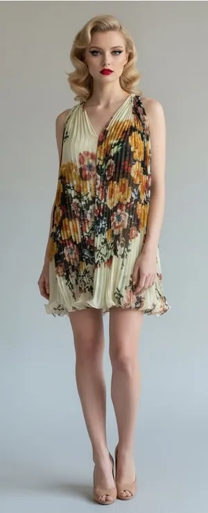 Roberto Cavalli Silk Cream Floral Pleated V-Neck Mini Swing Dress thumbnail 1