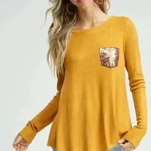 White Birch 9. Mustard Thermal Top with Sequin Pocket and‎ Buttons thumbnail 5