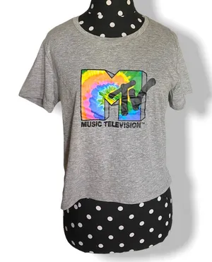 MTV Womens‎ Tee Size Medium Gray Cropped Tie Dye Logo Shirt Top NEW thumbnail 1