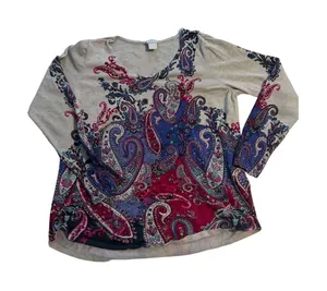 Chico's Sweater Paisley Boho Gray Blue Pink V-Neck‎ Lightweight Knit Size 1 M thumbnail 1