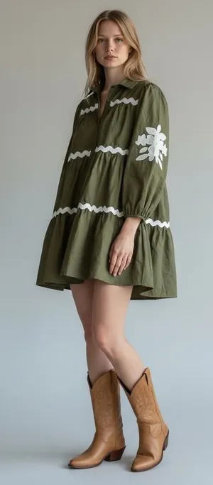 Olive Green Cotton Tiered Mini Dress Floral Embroidery‎ Ric Rac ID17203 Womens thumbnail 1