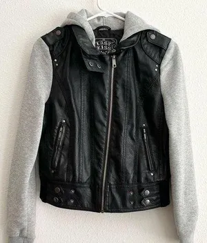 Last Kiss Y2K Black Leather Hybrid Gray Hooded Zip Moto Jacket Size Medium thumbnail 1