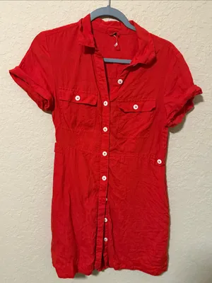 Free People Vibrant Orange Button-Down Shirt Dress thumbnail 1