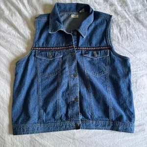 Vintage Y2K Cherokee Denim Jean Vest Floral Jaqcquard Boho Trim Size XL thumbnail 1