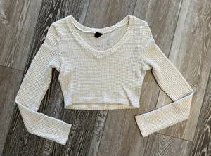 SheIn Sz S Long Sleeve Waffle Weave Cream Ivory Knit Top thumbnail 2