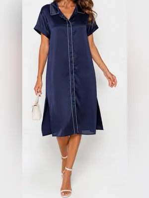 Wildfang The Empower Satin Midi Dress - Navy Satin with Mint Trim - NWT - Sz XL thumbnail 2