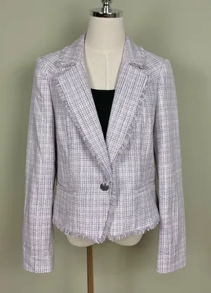 White House Black Market Tweed Cropped Fringe Blazer Jacket Wisteria Size 14 thumbnail 1