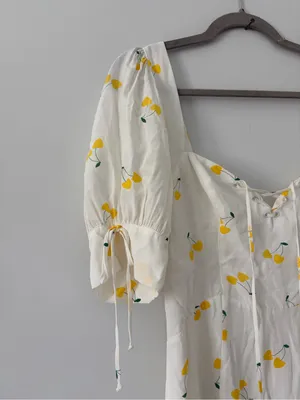 For Love & Lemons Ashland Lace Up White Yellow Cherry Print Y2K Boho Mini Dress thumbnail 3