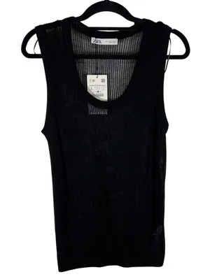 Zara Women Black Open Knit Tank Top‎ Scoop Neck Mesh Sleeveless Womens Large NWT thumbnail 1
