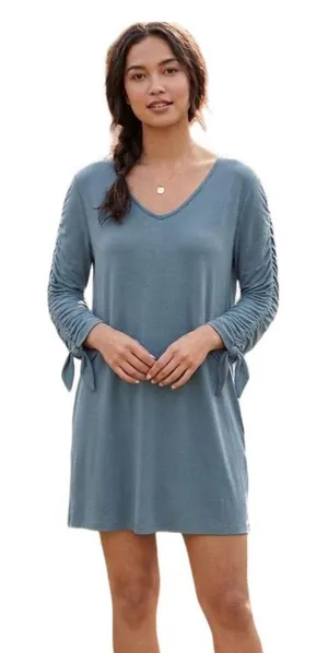Garnet Hill size L Tencel Lyocell spandex ruched sleeves dress. thumbnail 1