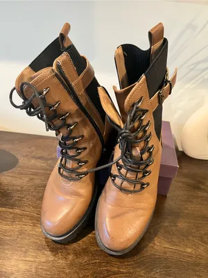 Women's Tan Lace-Up Combat Boots with Buckle Detail thumbnail 1