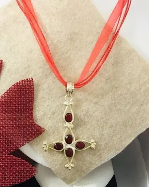 Kashmiri Ruby cross Silver Pendant Red thumbnail 1