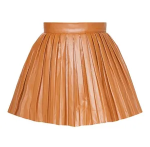Camel Faux Leather Pleated Skater Skirt thumbnail 4