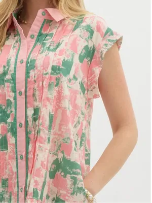 Entro Women’s Pink & Green Splatter Dream Dress Printed Button‑Front Dress thumbnail 3