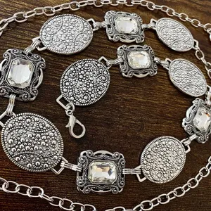Silver Y2K Crystal Concho Medallion Chain Belt, Fits 24 to 46 Inches, X7GA1316 thumbnail 7