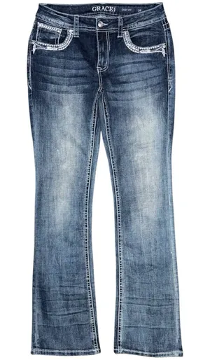 Grace In LA Women’s Feather Aztec Embellished Bootcut Blue Jeans Size 29 x 34 thumbnail 1
