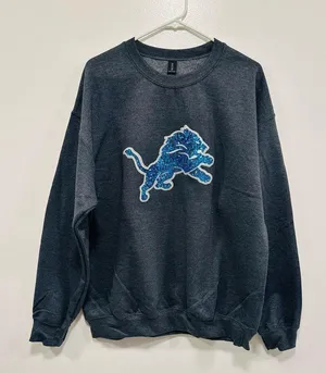 Gildan Detroit Lions sweatshirt! Sequin glitter bling lions logo gray size Large! thumbnail 1