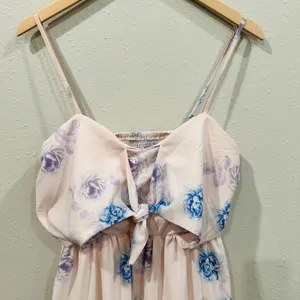 Floral Tie Front Tiered Ruffle Mini Dress Pink/Blue Rose Smocked Back Summer - L thumbnail 2