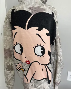 Fleischer Studios Betty Boop Camo Leaf Zip‎ Up Hoodie XL Tan Grey Graphic Back thumbnail 1