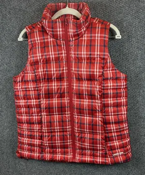 Lands' End Down Puffer Vest Womens S 6/8 Red Tartan Plaid‎ Zip Insulated thumbnail 1