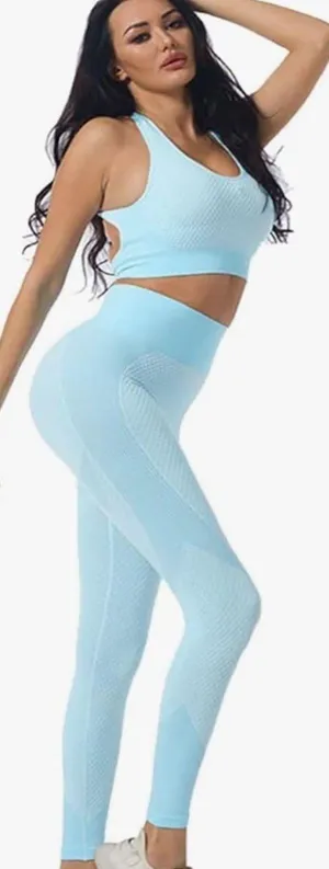 New Mix blue Seamless Outfit Workout Set Gym,Fitness Sports,Running SEXY set M thumbnail 1
