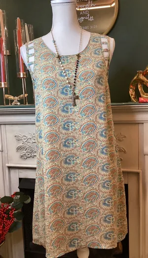 Umgee Paisley Shift Dress Sz Small Blue Orange Ladder‎ Shoulder thumbnail 1