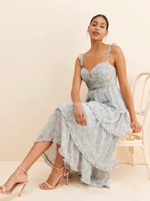 Anthropolgie ASTR The Label Blue Pink Floral Flutter Strap Ruffle Maxi Dress Med thumbnail 1
